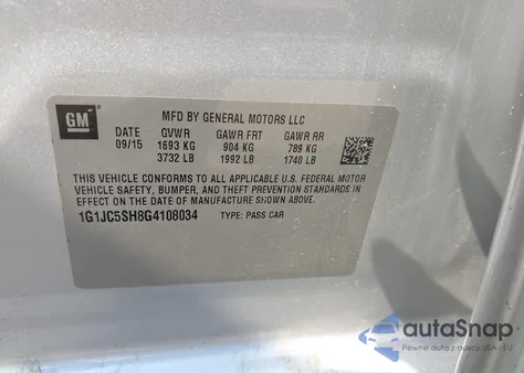 2016 Chevrolet Sonic Lt Auto from USA, damaged, VIN 1G1JC5SH8G4108034